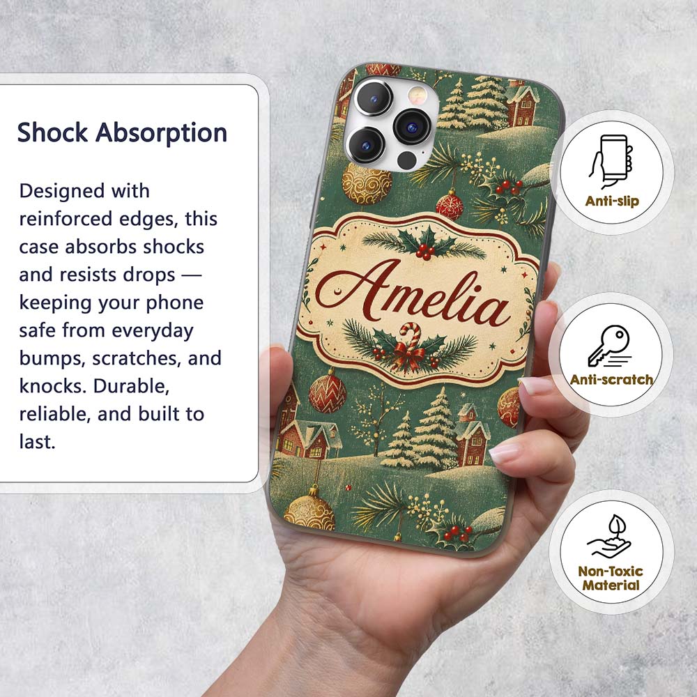 Classic Christmas Ornaments Holly Candy Cane Pine Custom Name Protective Phone Case Mobile Cover Durable Everyday Smartphone Shock Resistant