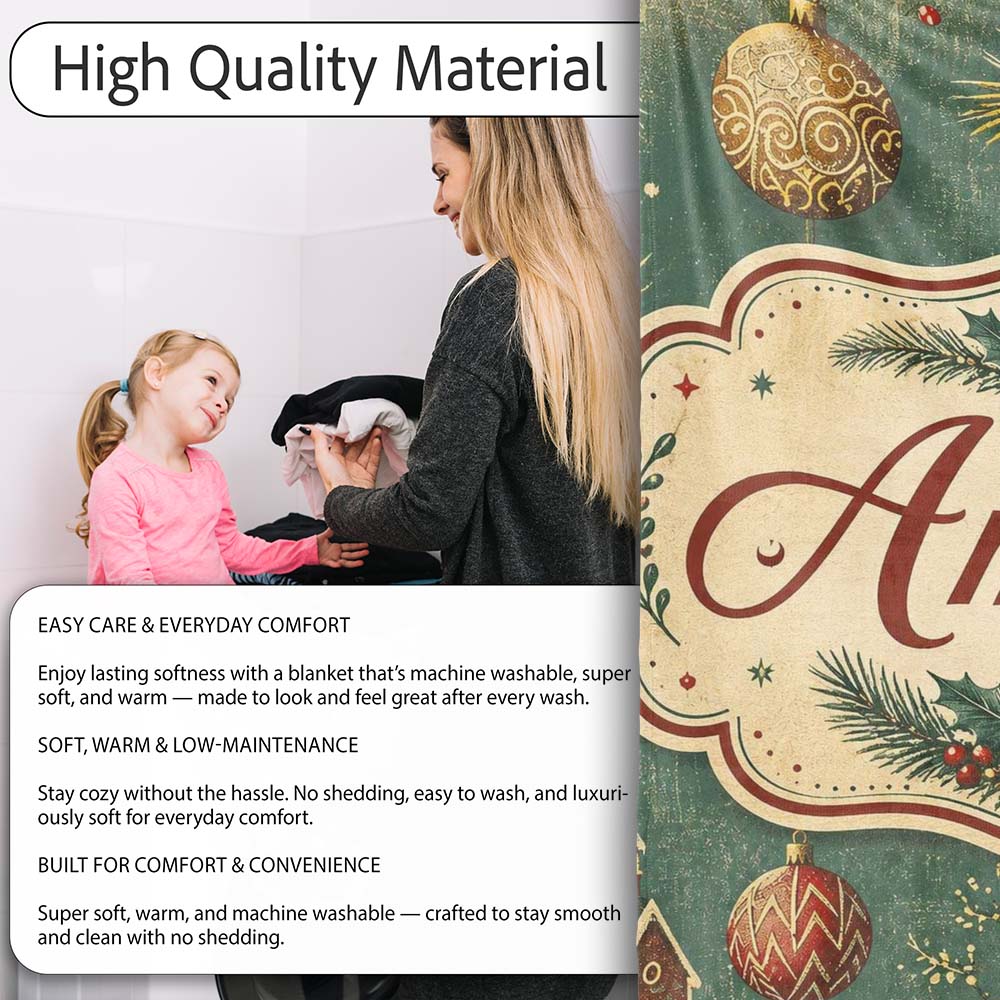 Classic Christmas Ornaments Holly Candy Cane Pine Branch Seamless Personalised Custom Name Super Soft Fleece Blanket Bed Sofa Throw