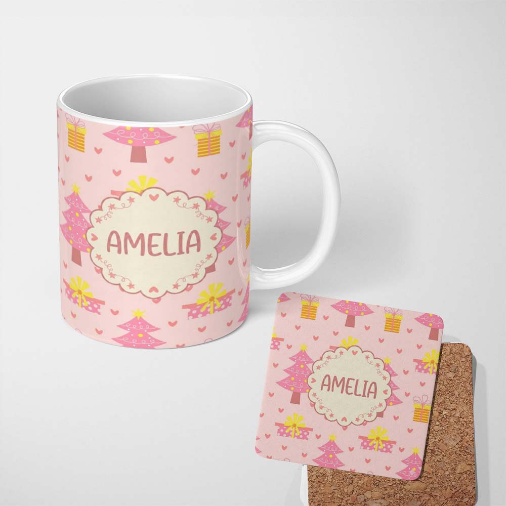 Personalized Custom Name Pink Christmas Tree Gift Box Heart Seamless Pattern Cute Unique Gift 11oz Ceramic Coffee Tea Mug White Large Handle