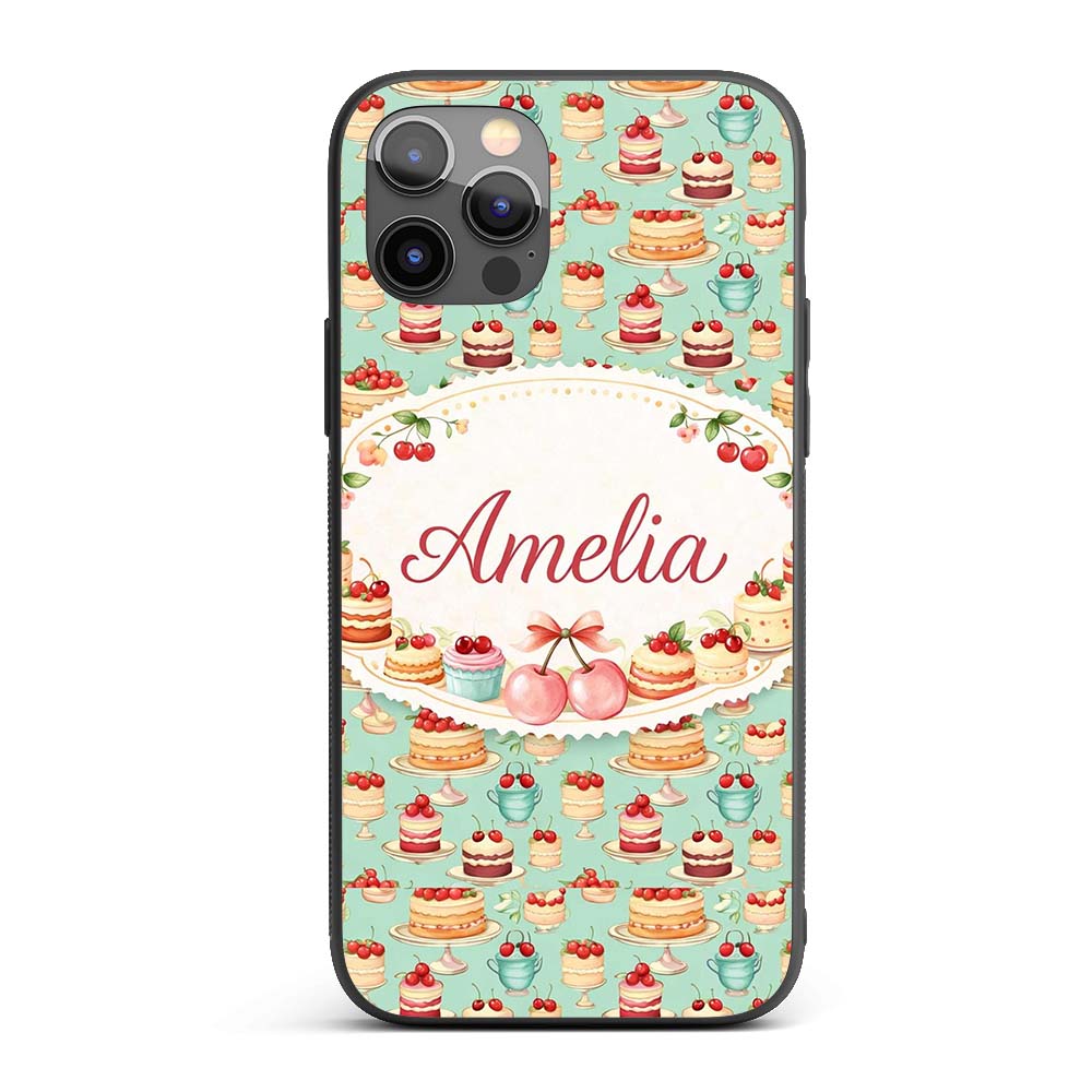 Cherry Chocolate Cake Seamless Teal Background Custom Name Protective Phone Case Mobile Cover Durable Everyday Smartphone Shock Resistant