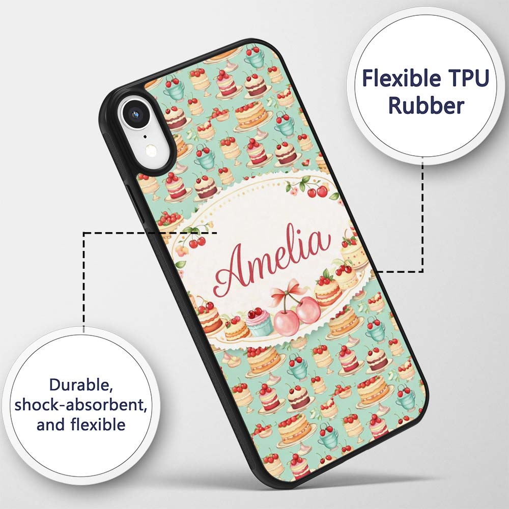 Cherry Chocolate Cake Seamless Teal Background Custom Name Protective Phone Case Mobile Cover Durable Everyday Smartphone Shock Resistant