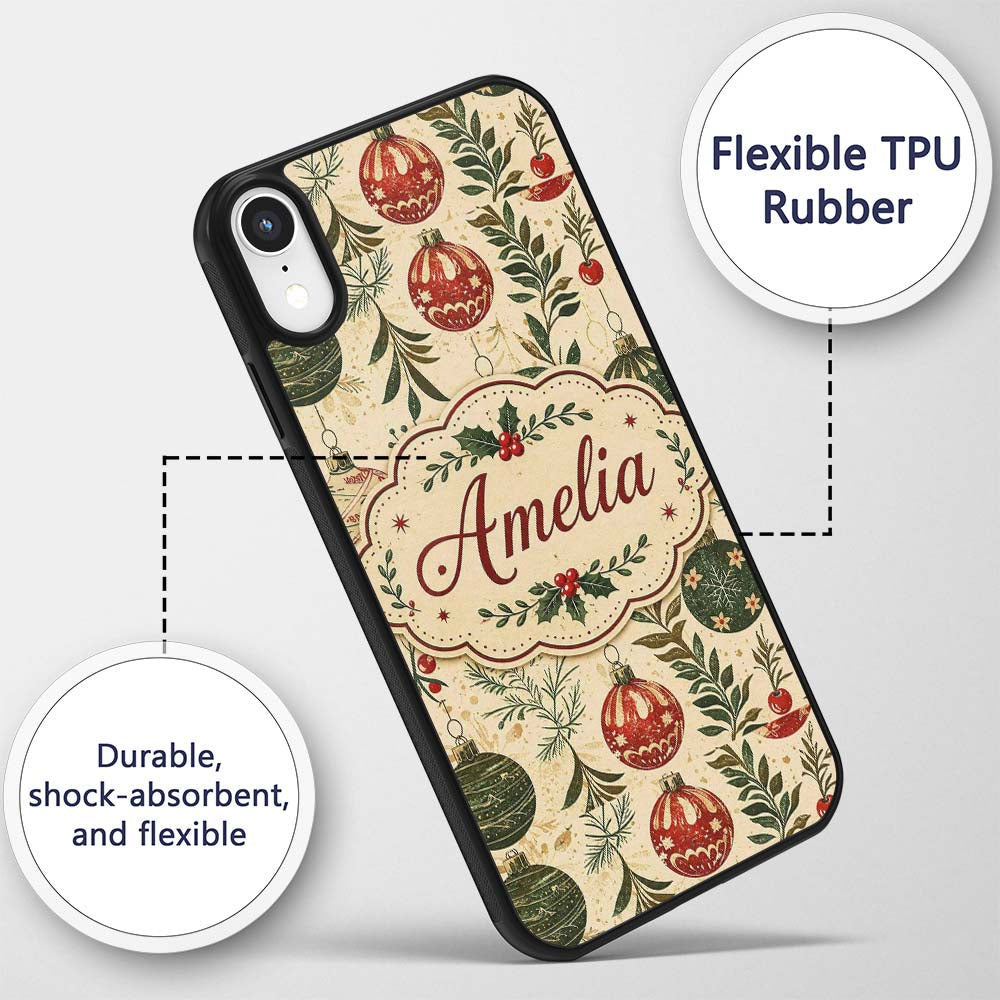 Vintage Christmas Baubles Holly Leaves Botanical Custom Name Protective Phone Case Mobile Cover Durable Everyday Smartphone Shock Resistant