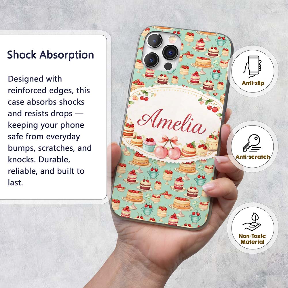 Cherry Chocolate Cake Seamless Teal Background Custom Name Protective Phone Case Mobile Cover Durable Everyday Smartphone Shock Resistant