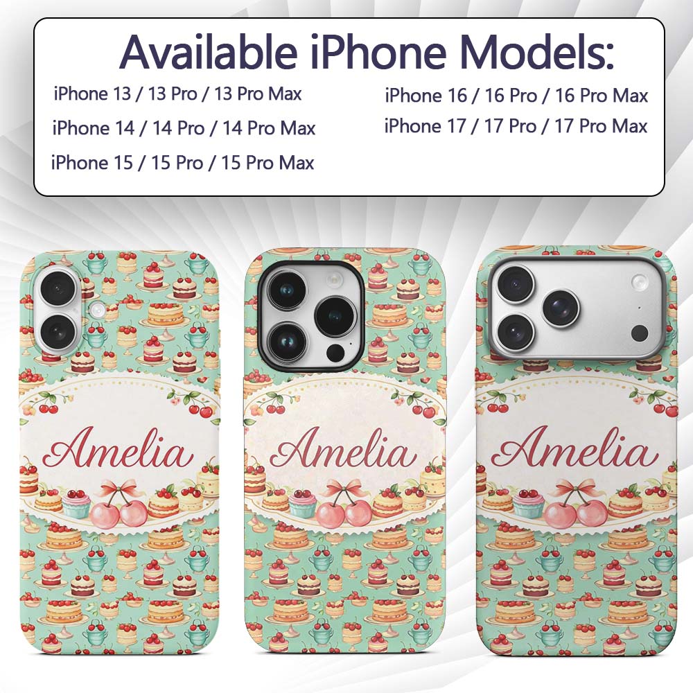 Cherry Chocolate Cake Seamless Teal Background Custom Name Protective Phone Case Mobile Cover Durable Everyday Smartphone Shock Resistant