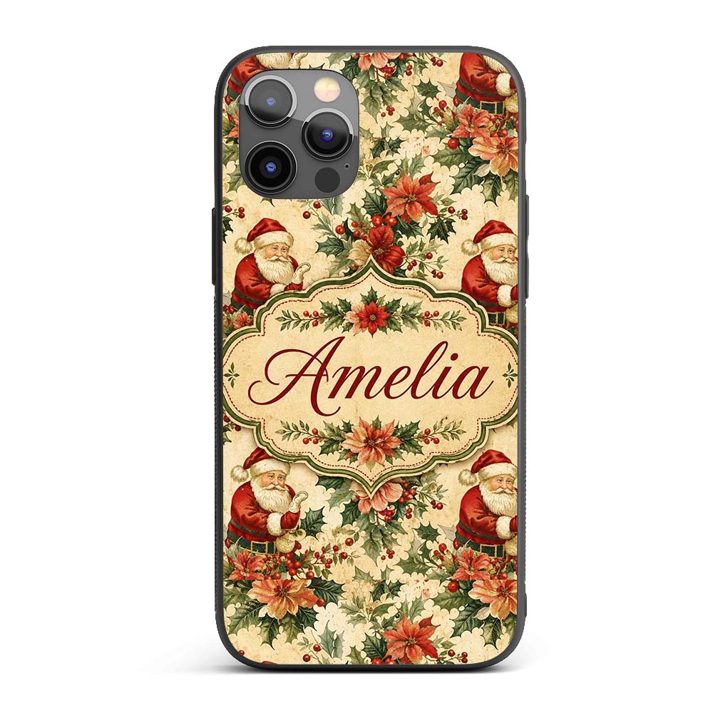 Vintage Santa Claus Holly Leaves Floral Christmas Custom Name Protective Phone Case Mobile Cover Durable Everyday Smartphone Shock Resistant
