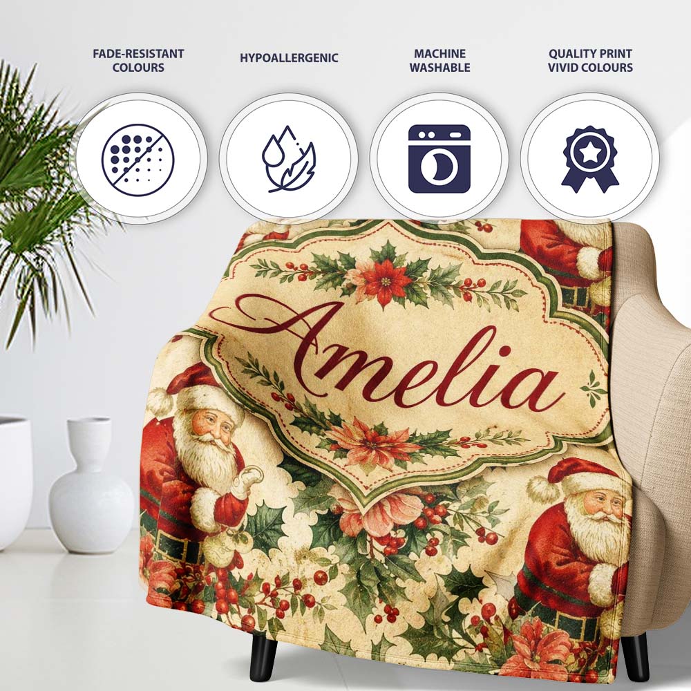Vintage Santa Claus Holly Leaves Floral Christmas Seamless Pattern Personalised Custom Name Super Soft Fleece Blanket Bed Sofa Throw