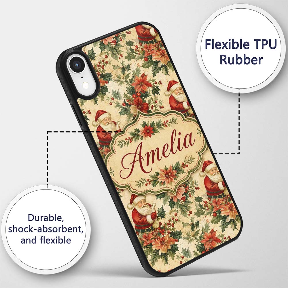 Vintage Santa Claus Holly Leaves Floral Christmas Custom Name Protective Phone Case Mobile Cover Durable Everyday Smartphone Shock Resistant