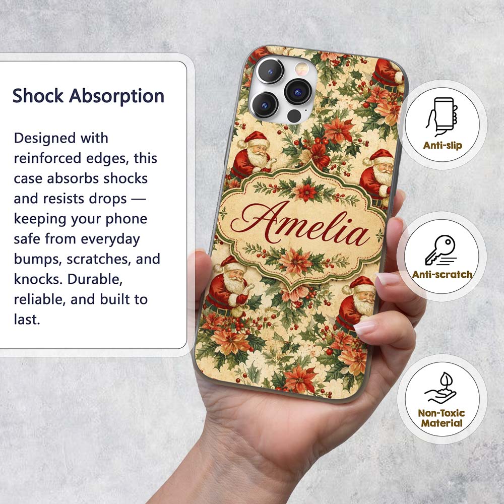 Vintage Santa Claus Holly Leaves Floral Christmas Custom Name Protective Phone Case Mobile Cover Durable Everyday Smartphone Shock Resistant