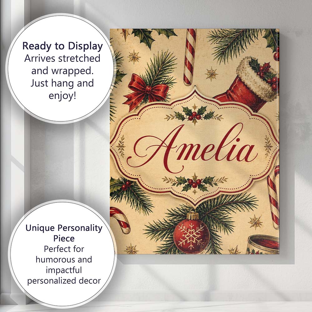 Personalised Name Classic Christmas Stocking Custom Bespoke Contemporary Display Canvas Wall Art Print Decor Picture Ready to Hang