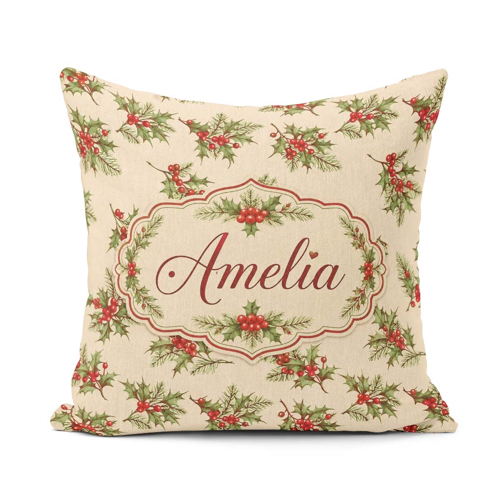 Custom Name Holly Berries Green Leaves Minimal Seamless Pattern Square Filled Cushion Throw Pillow Sofa Bed Home Decor Zip Washable UK Made