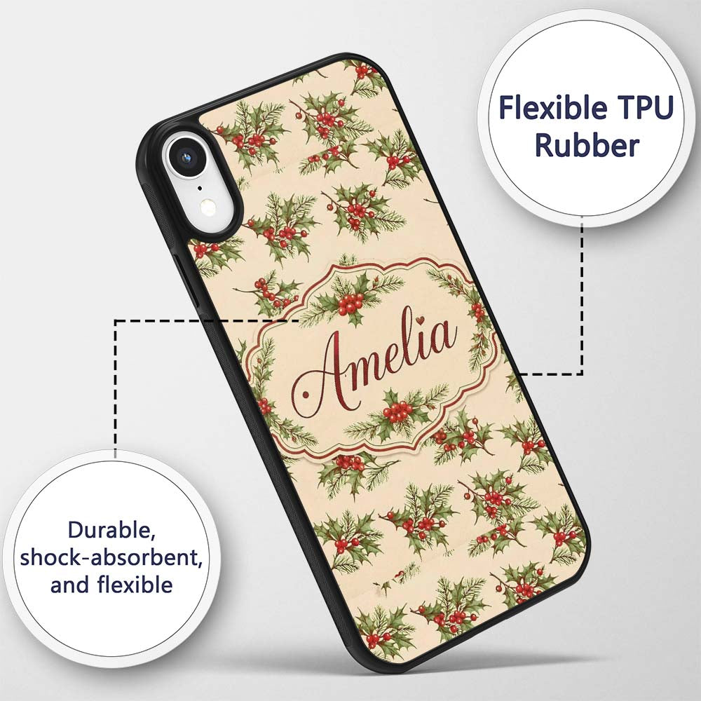 Watercolor Holly Berries Green Leaves Minimal Custom Name Protective Phone Case Mobile Cover Durable Everyday Smartphone Shock Resistant