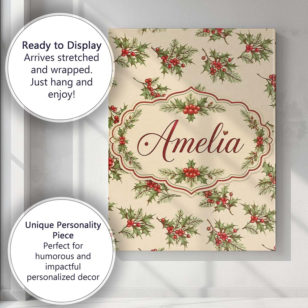 Personalised Name Watercolor Holly Berries Custom Unique Gift Idea Elegant Feature Canvas Wall Art Print Decor Picture Ready to Hang
