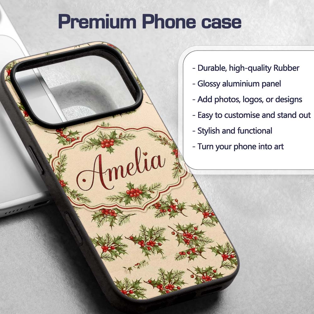 Watercolor Holly Berries Green Leaves Minimal Custom Name Protective Phone Case Mobile Cover Durable Everyday Smartphone Shock Resistant
