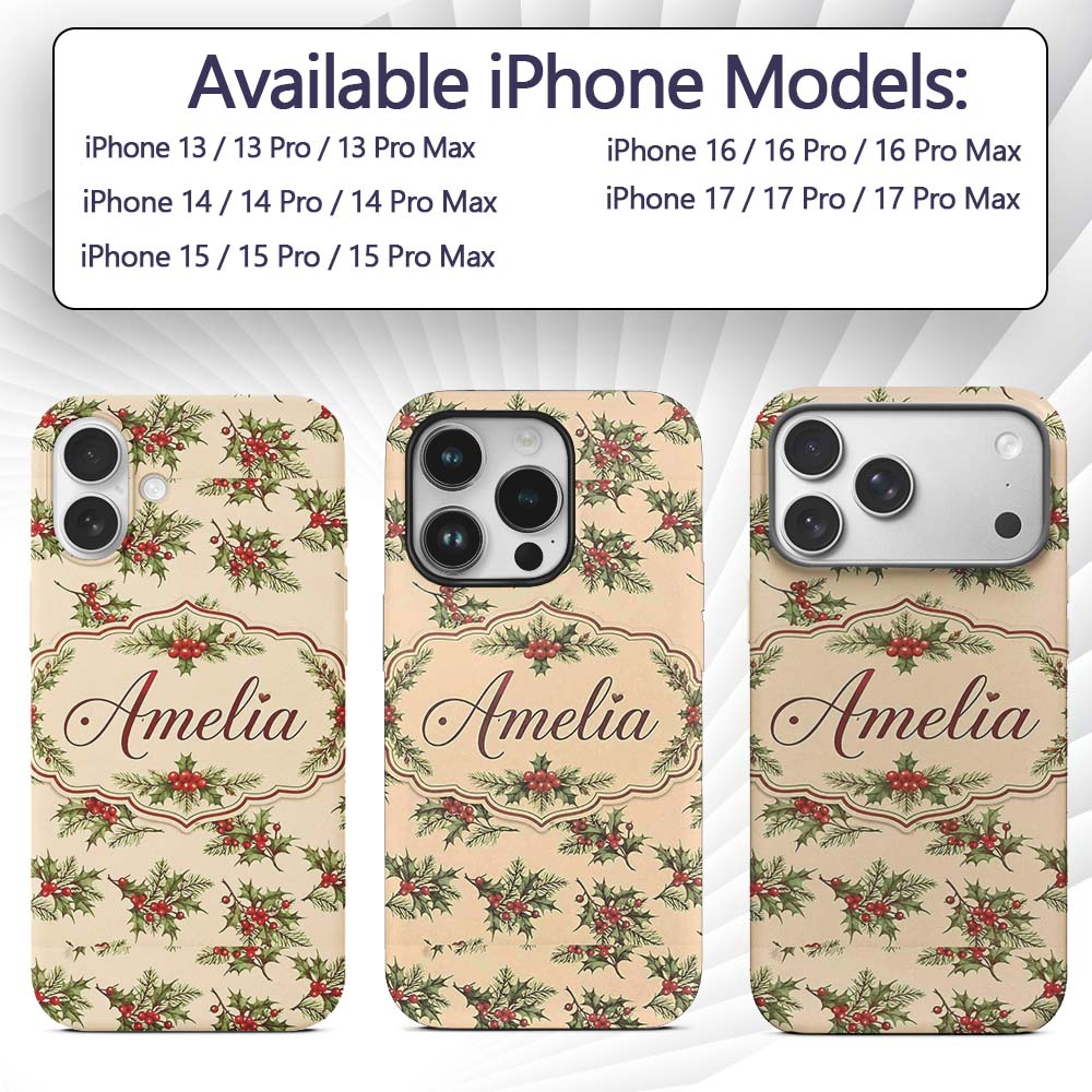 Watercolor Holly Berries Green Leaves Minimal Custom Name Protective Phone Case Mobile Cover Durable Everyday Smartphone Shock Resistant