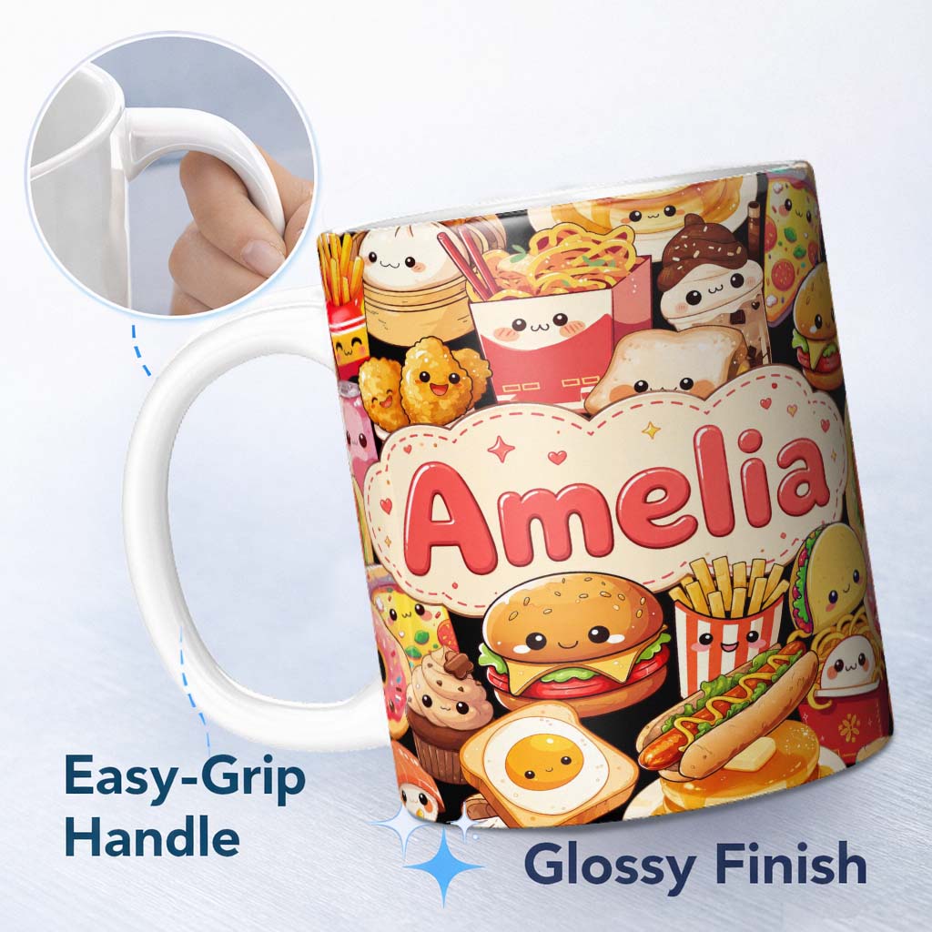Personalized Custom Name Cute Kawaii Fast Food Collage Burger Pizza Fries Drinks Seamless 11oz Ceramic Coffee Tea Mug White Large Handle