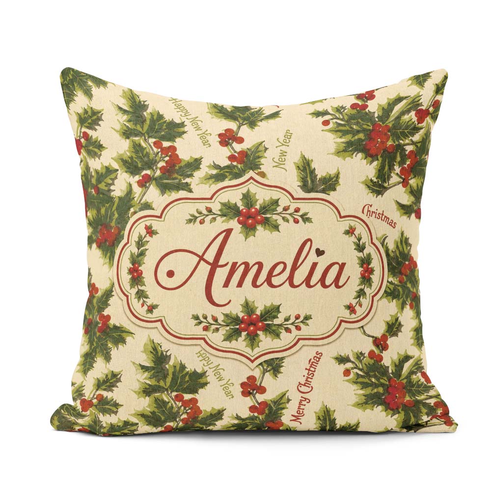 Custom Name Festive Holly Berries Merry Christmas Text Seamless Square Filled Cushion Throw Pillow Sofa Bed Home Decor Zip Washable UK Made