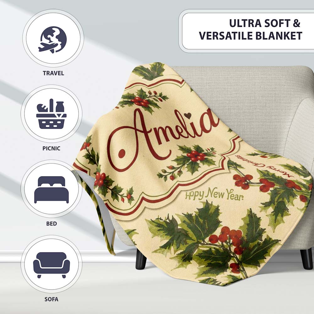 Festive Holly Berries Merry Christmas Text Seamless Pattern Lovely Personalised Custom Name Super Soft Fleece Blanket Bed Sofa Throw