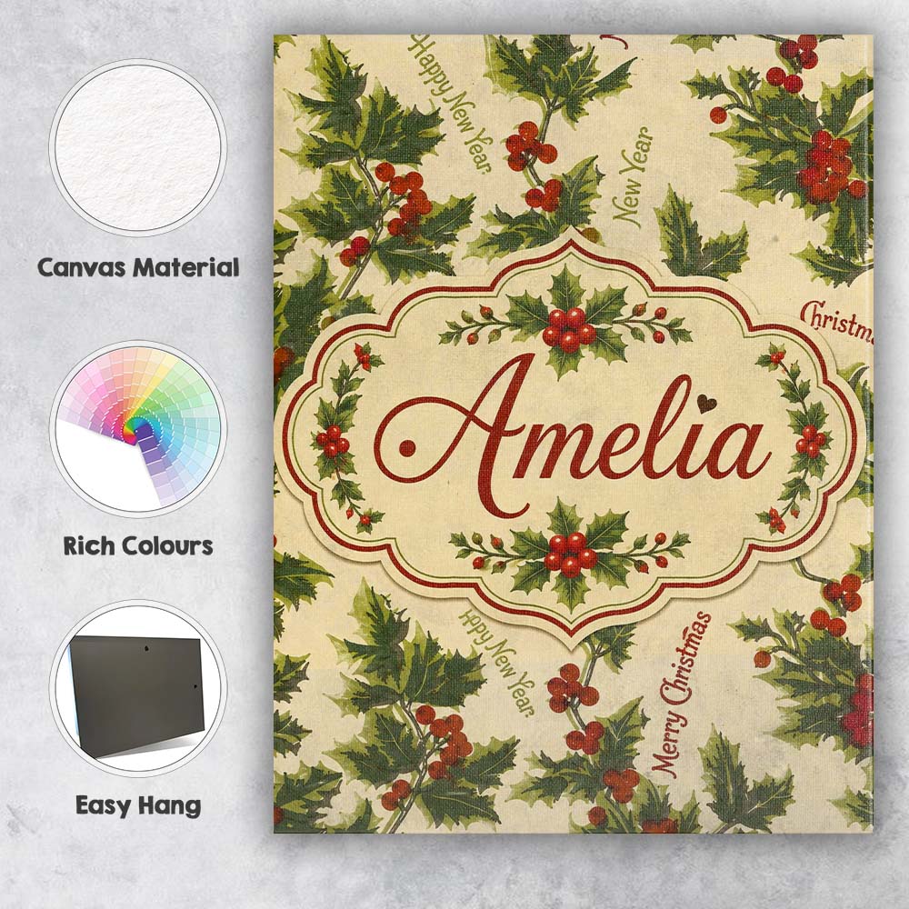Personalised Name Festive Holly Berries Custom Modern Room Accent Elegant Feature Canvas Wall Art Print Decor Picture Ready to Hang