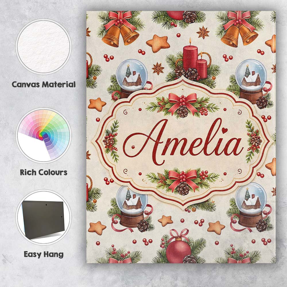 Personalised Name Christmas Bells Candles Custom Unique Gift Idea Elegant Feature Canvas Wall Art Print Decor Picture Ready to Hang
