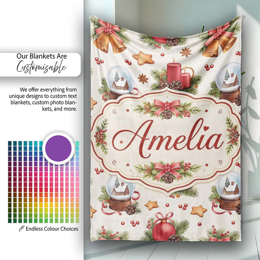 Christmas Bells Candles Snow Globe Gingerbread Seamless Pattern Personalised Custom Name Super Soft Fleece Blanket Bed Sofa Throw