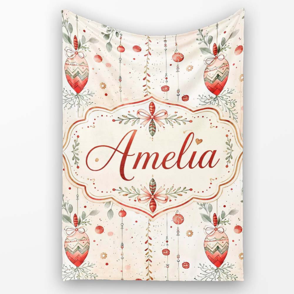 Delicate Hanging Christmas Baubles Leaves Garland Seamless Pattern Personalised Custom Name Super Soft Fleece Blanket Bed Sofa Throw