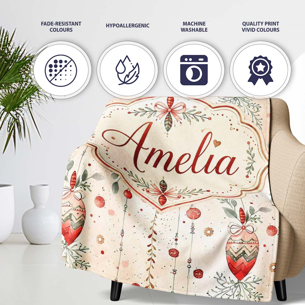 Delicate Hanging Christmas Baubles Leaves Garland Seamless Pattern Personalised Custom Name Super Soft Fleece Blanket Bed Sofa Throw