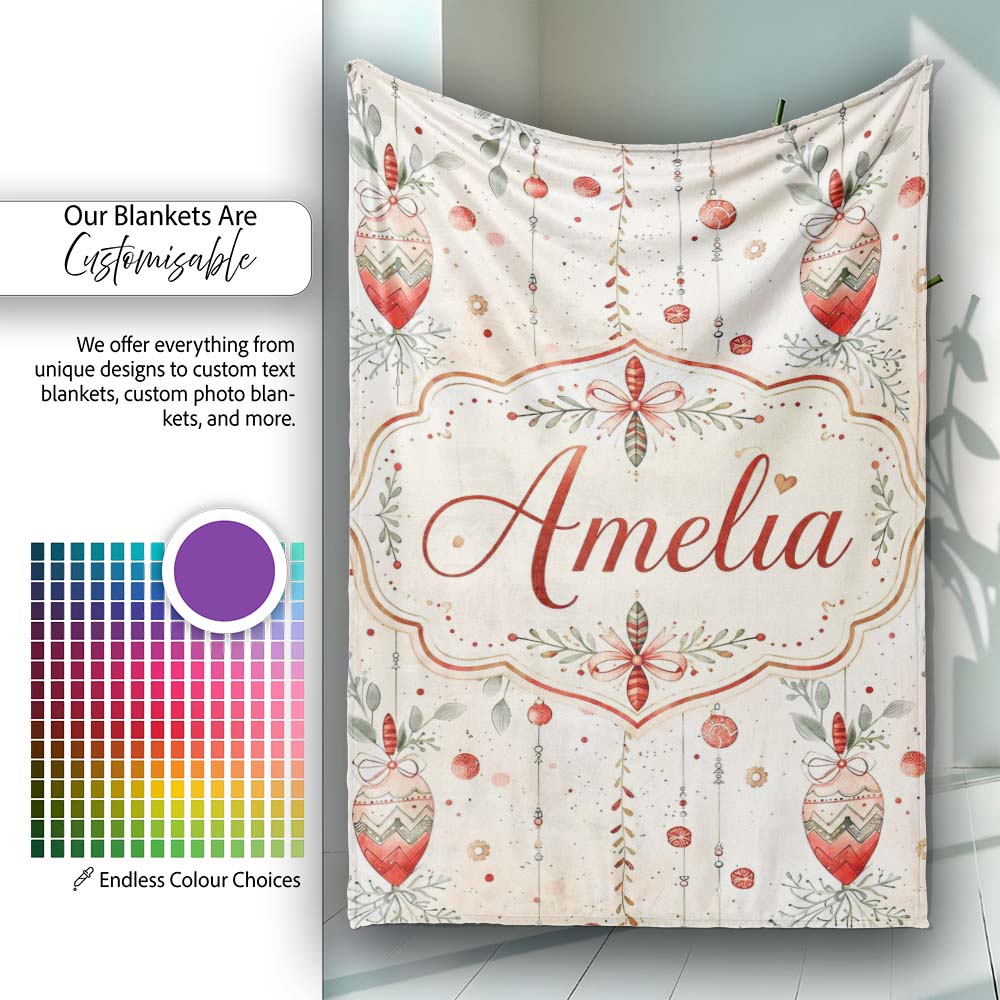 Delicate Hanging Christmas Baubles Leaves Garland Seamless Pattern Personalised Custom Name Super Soft Fleece Blanket Bed Sofa Throw