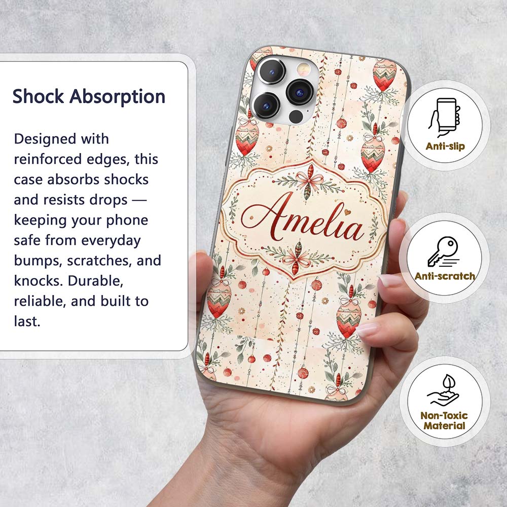 Delicate Hanging Christmas Baubles Leaves Garland Custom Name Protective Phone Case Mobile Cover Durable Everyday Smartphone Shock Resistant