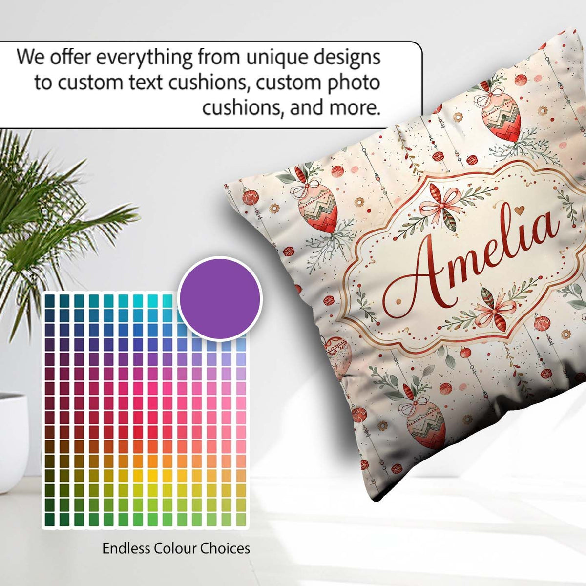 Custom Name Delicate Hanging Christmas Baubles Garland Seamless Square Filled Cushion Throw Pillow Sofa Bed Home Decor Zip Washable UK Made