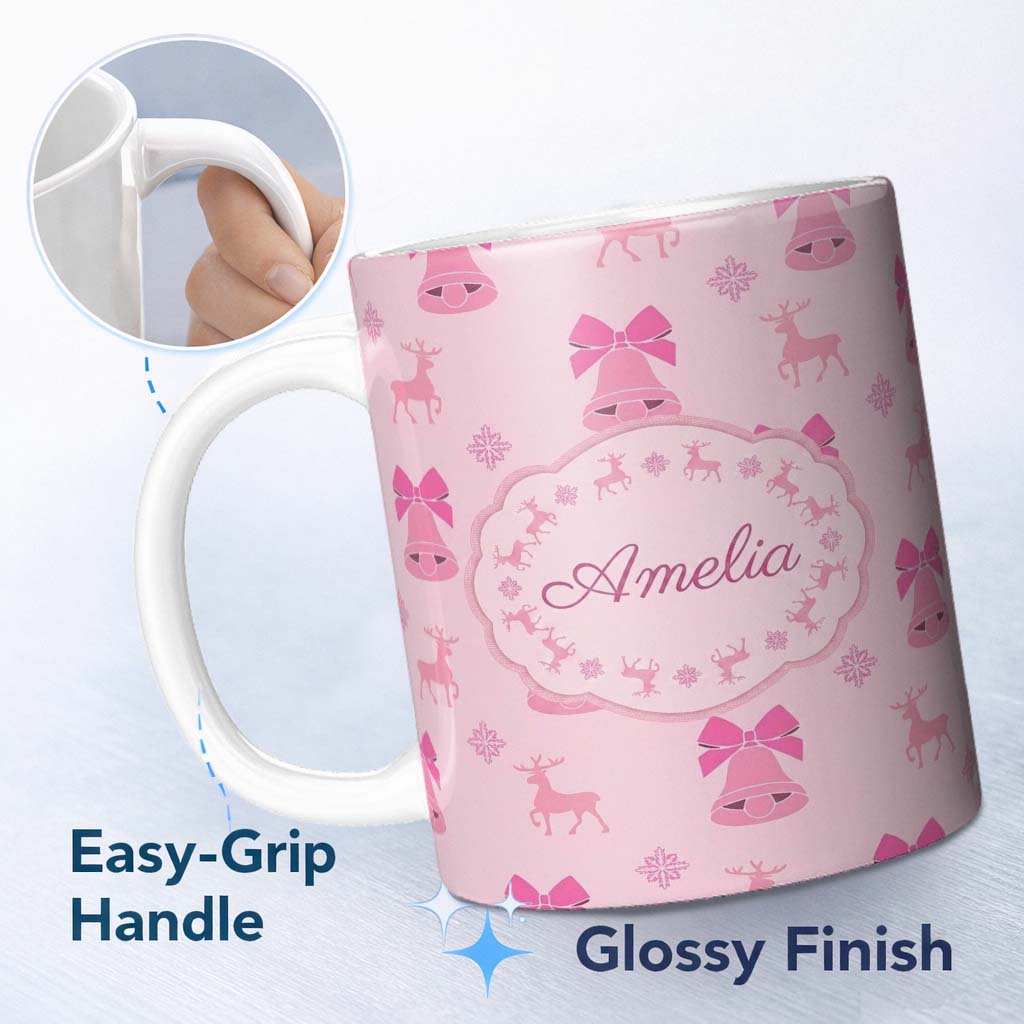 Personalized Custom Name Minimal Pink Bell Bow Reindeer Winter Seamless Pattern Lovely 11oz Ceramic Coffee Tea Mug White Large Handle
