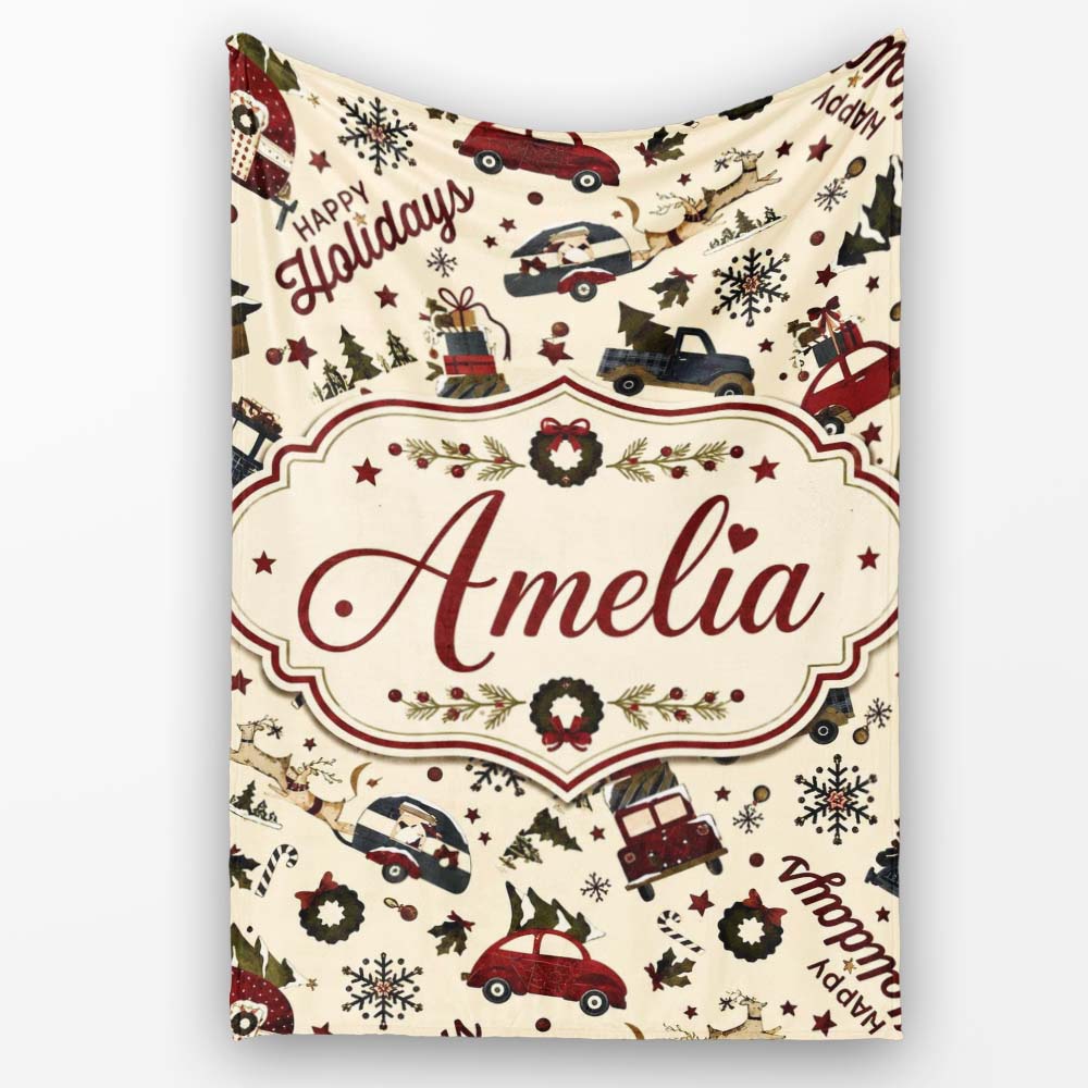 Festive Holiday Cars Gifts Snowflakes Happy Holidays Seamless Lovely Personalised Custom Name Super Soft Fleece Blanket Bed Sofa Throw