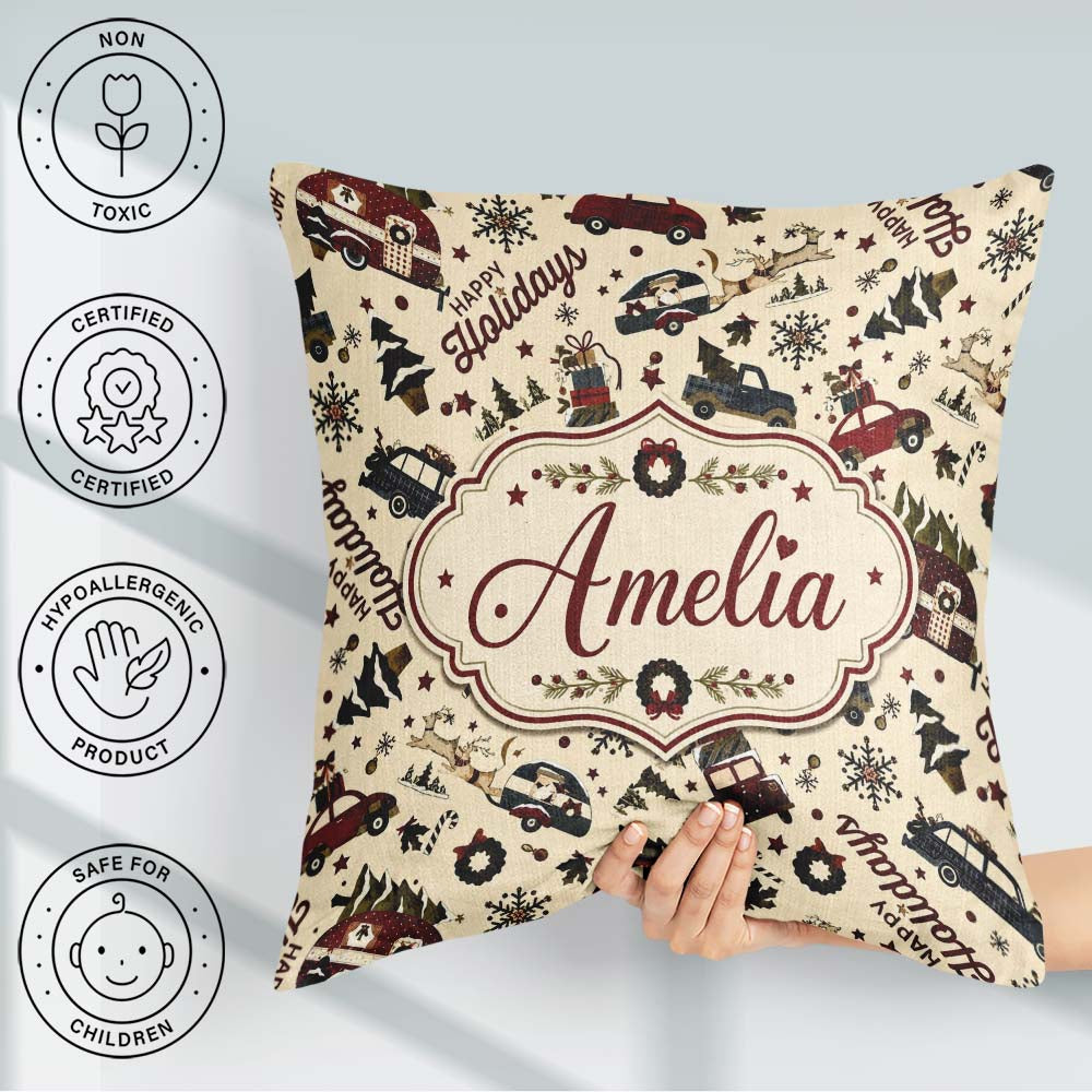 Custom Name Festive Holiday Cars Gifts Snowflakes Happy Holidays Square Filled Cushion Throw Pillow Sofa Bed Home Decor Zip Washable UK Made