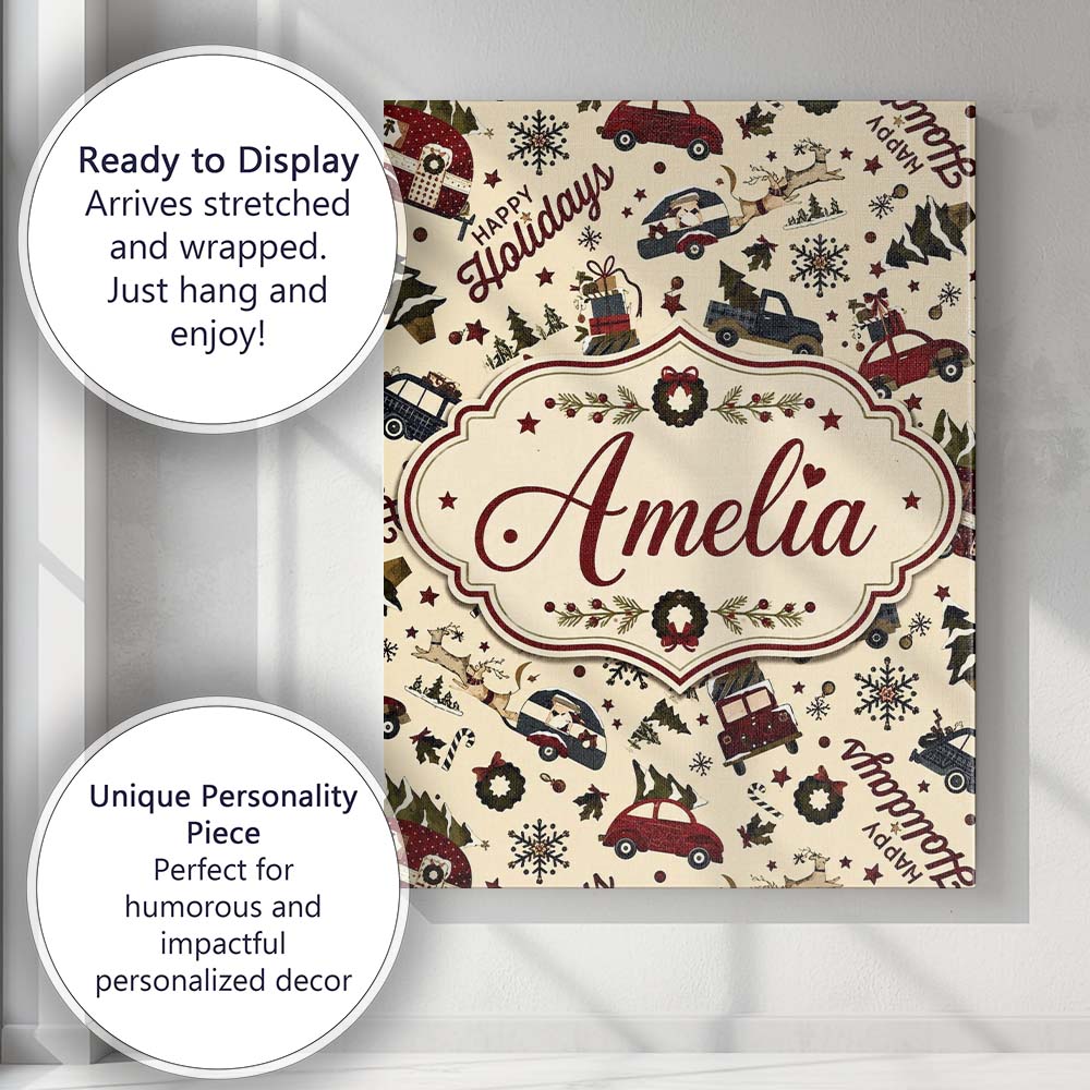 Personalised Name Festive Holiday Cars Custom Modern Room Accent Elegant Feature Canvas Wall Art Print Decor Picture Ready to Hang