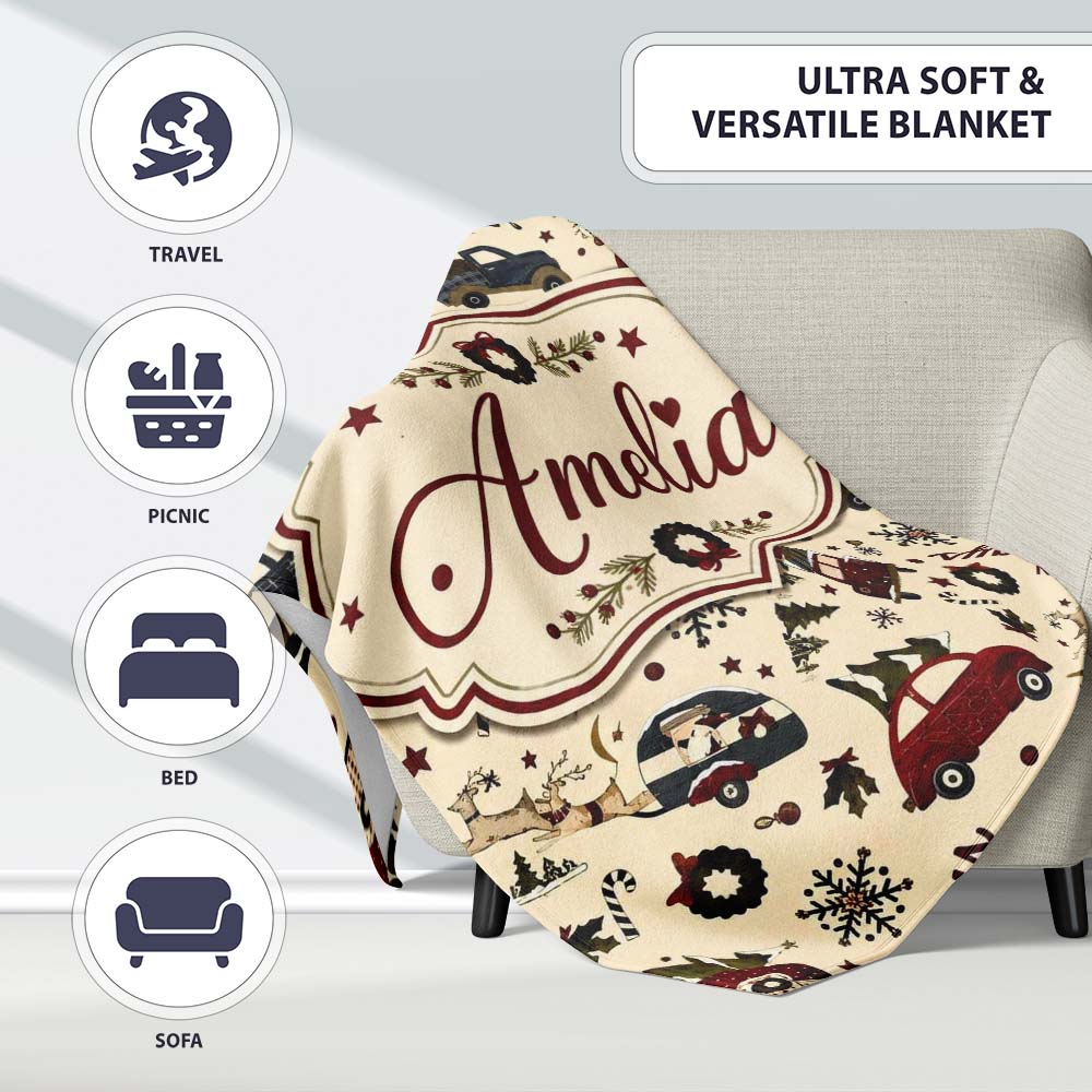 Festive Holiday Cars Gifts Snowflakes Happy Holidays Seamless Lovely Personalised Custom Name Super Soft Fleece Blanket Bed Sofa Throw