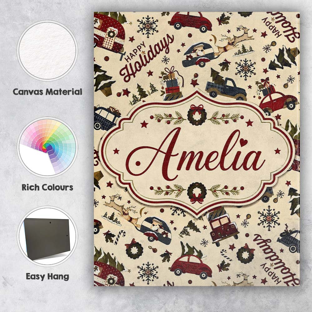 Personalised Name Festive Holiday Cars Custom Modern Room Accent Elegant Feature Canvas Wall Art Print Decor Picture Ready to Hang