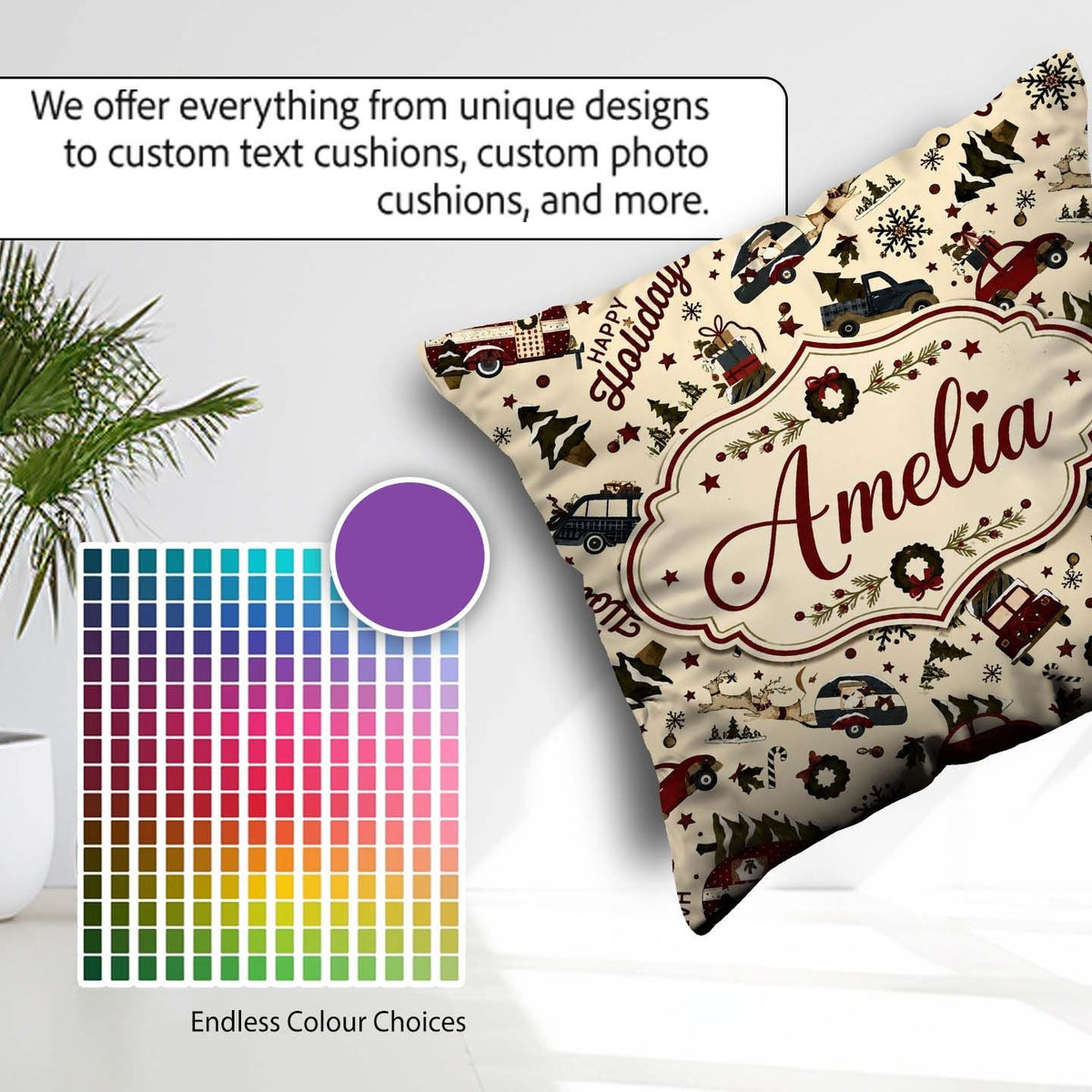 Custom Name Festive Holiday Cars Gifts Snowflakes Happy Holidays Square Filled Cushion Throw Pillow Sofa Bed Home Decor Zip Washable UK Made
