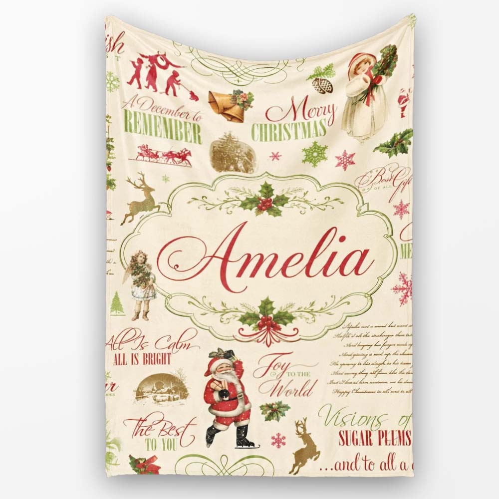 Vintage Christmas Typography Santa Claus Collage Seamless Pattern Personalised Custom Name Super Soft Fleece Blanket Bed Sofa Throw