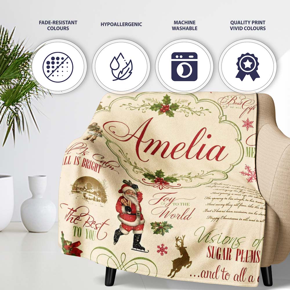 Vintage Christmas Typography Santa Claus Collage Seamless Pattern Personalised Custom Name Super Soft Fleece Blanket Bed Sofa Throw
