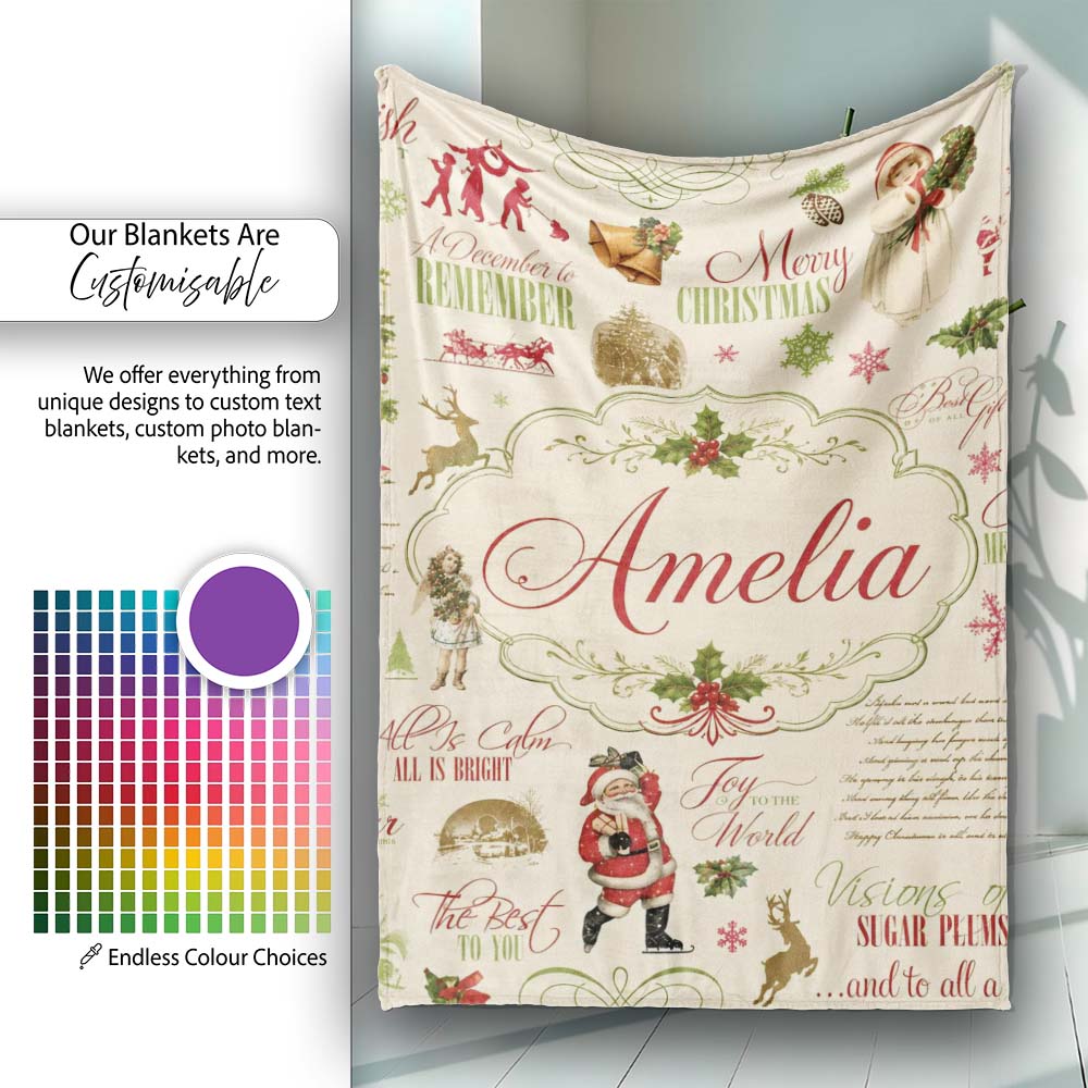 Vintage Christmas Typography Santa Claus Collage Seamless Pattern Personalised Custom Name Super Soft Fleece Blanket Bed Sofa Throw