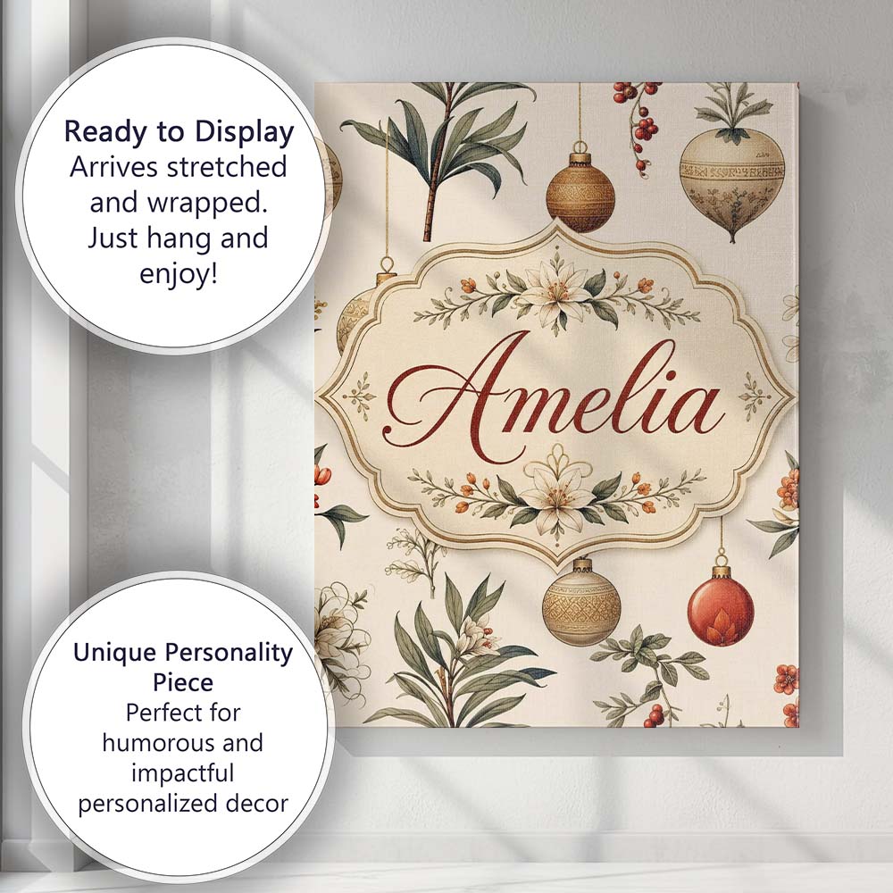 Personalised Name Elegant Botanical Christmas Custom Unique Gift Idea Modern Room Accent Canvas Wall Art Print Decor Picture Ready to Hang