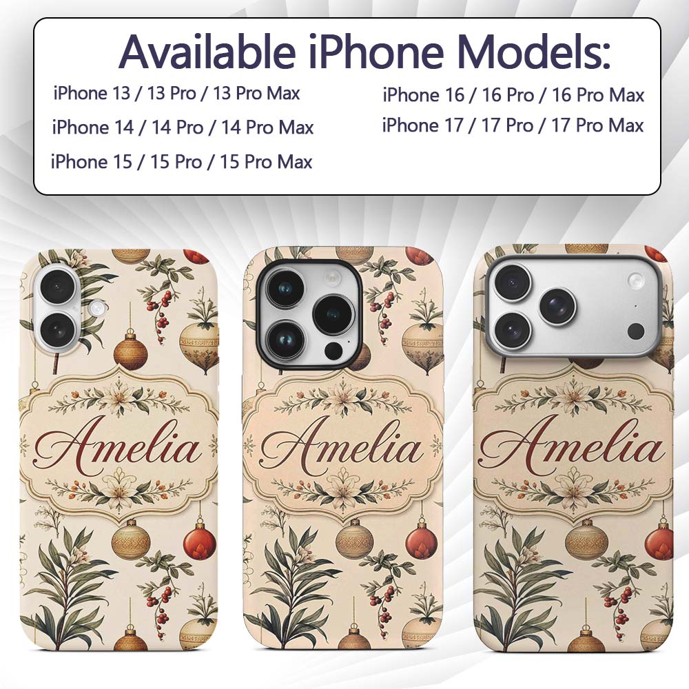 Elegant Botanical Christmas Baubles Floral Leaves Custom Name Protective Phone Case Mobile Cover Durable Everyday Smartphone Shock Resistant
