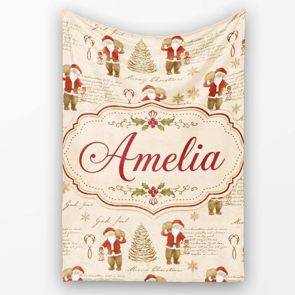 Rustic Santa Claus Script Text Christmas Tree Seamless Pattern Personalised Custom Name Super Soft Fleece Blanket Bed Sofa Throw
