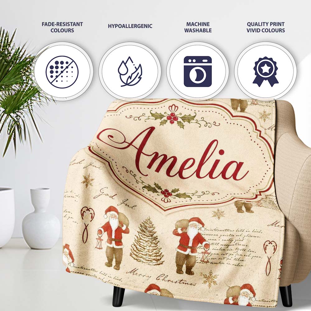 Rustic Santa Claus Script Text Christmas Tree Seamless Pattern Personalised Custom Name Super Soft Fleece Blanket Bed Sofa Throw