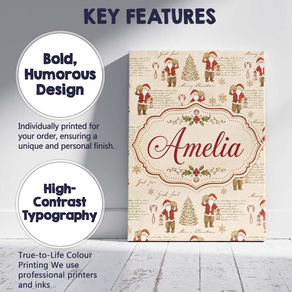 Personalised Name Rustic Santa Claus Script Custom Bespoke Interior Contemporary Canvas Wall Art Print Decor Picture Ready to Hang