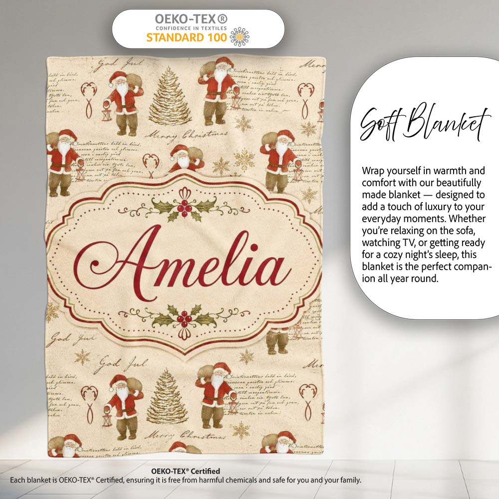 Rustic Santa Claus Script Text Christmas Tree Seamless Pattern Personalised Custom Name Super Soft Fleece Blanket Bed Sofa Throw