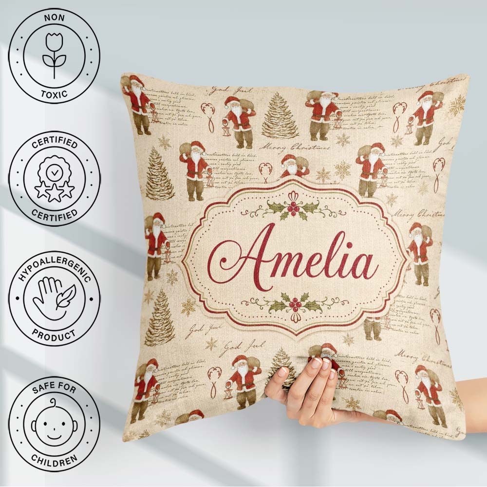 Custom Name Rustic Santa Claus Script Text Tree Seamless Pattern Square Filled Cushion Throw Pillow Sofa Bed Home Decor Zip Washable UK Made