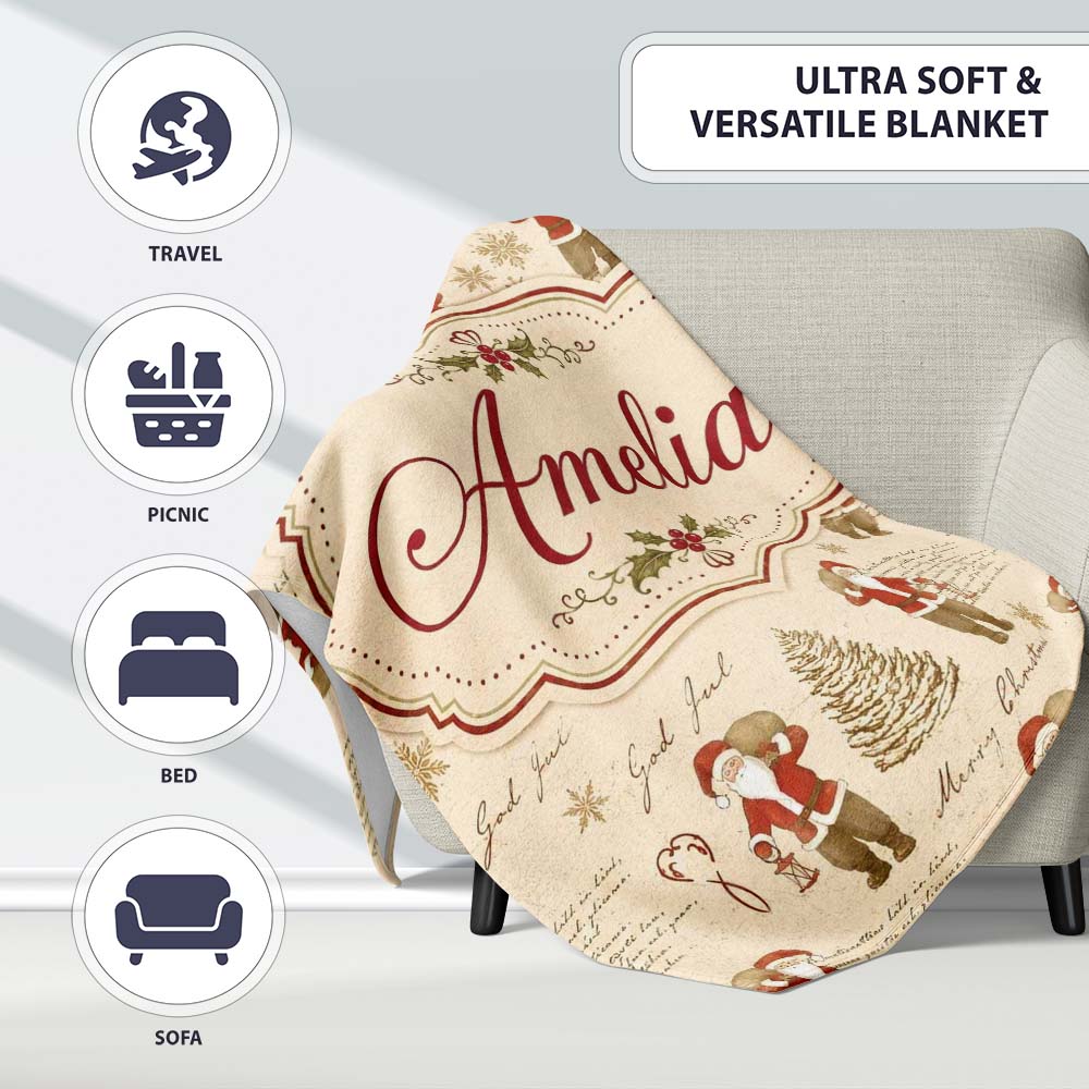 Rustic Santa Claus Script Text Christmas Tree Seamless Pattern Personalised Custom Name Super Soft Fleece Blanket Bed Sofa Throw