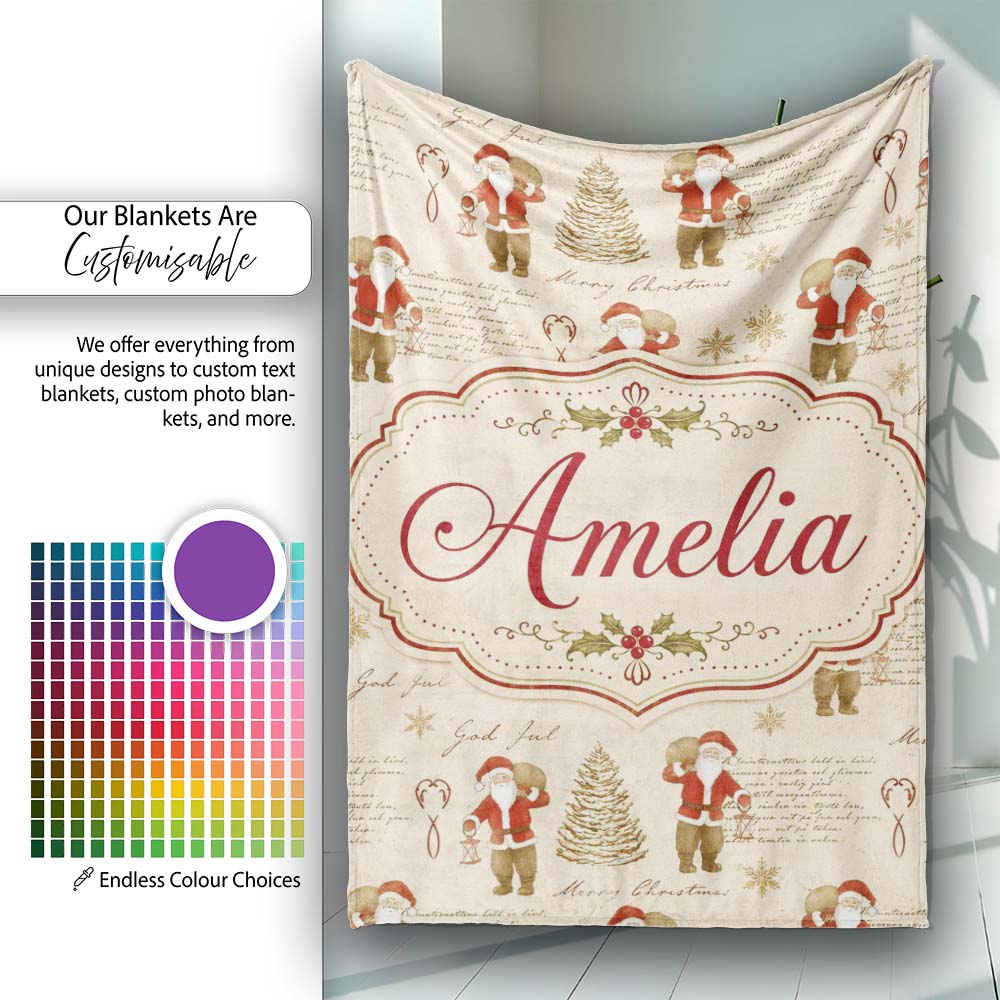 Rustic Santa Claus Script Text Christmas Tree Seamless Pattern Personalised Custom Name Super Soft Fleece Blanket Bed Sofa Throw