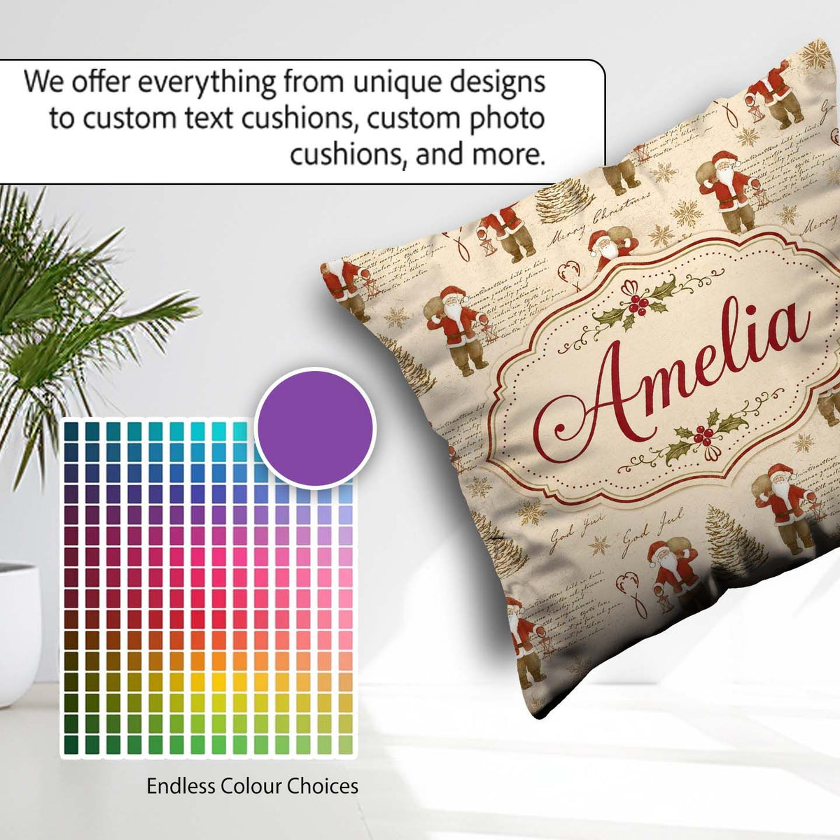 Custom Name Rustic Santa Claus Script Text Tree Seamless Pattern Square Filled Cushion Throw Pillow Sofa Bed Home Decor Zip Washable UK Made