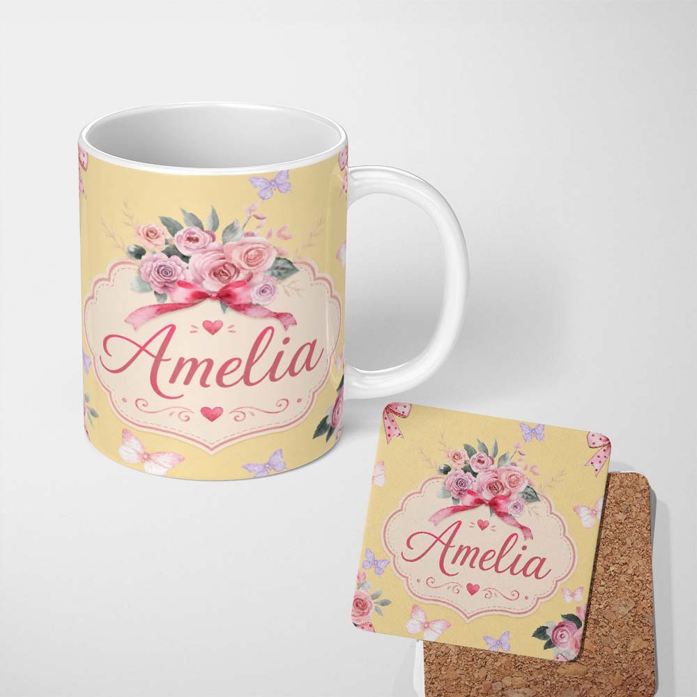 Personalized Custom Name Cute Watercolor Roses Bouquet with Red Ribbon Soft Yellow Background 11oz Ceramic Coffee Tea Mug White Large Handle
